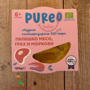 Пюре от пилешко месо, грах и моркови био 160гр Pureo